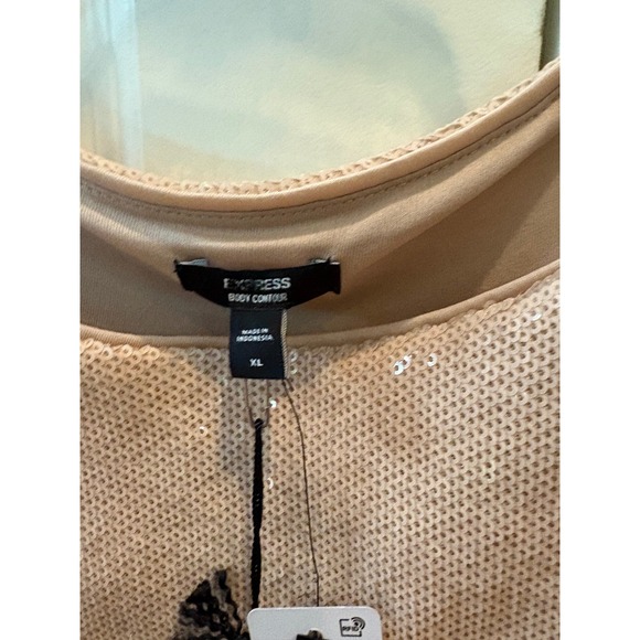 New Express Body Contour Sequin beige Bodysuit Sleeveless Top Party XL - Picture 3 of 10